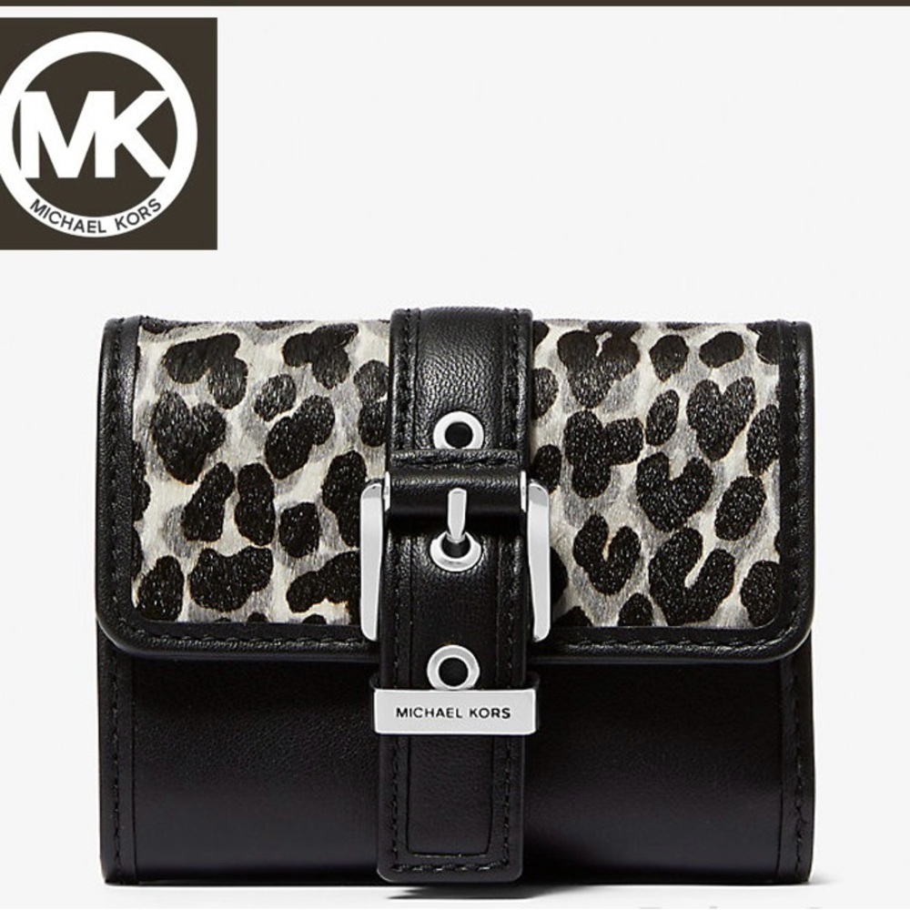NWOT Micheal Kors Colby Small Leopard Print Calf Hair Tri-Fold Wallet